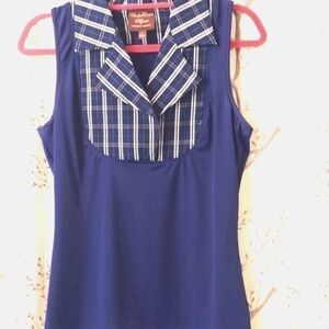 Kathleen Kirkwood Dictrac-Ease Notch Lapel blue n white Top Sz S